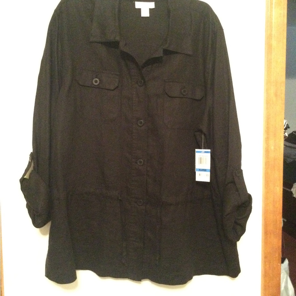NWT Charter Club Black Linen Button-Front Utility Shirt, size XL